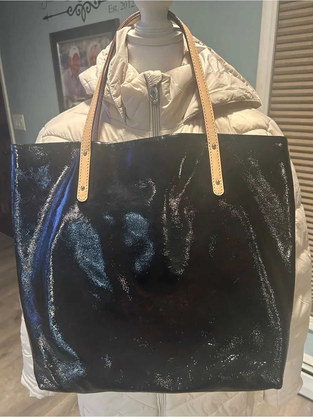 kate spade Black Patent Tote with Tan Leather Handles